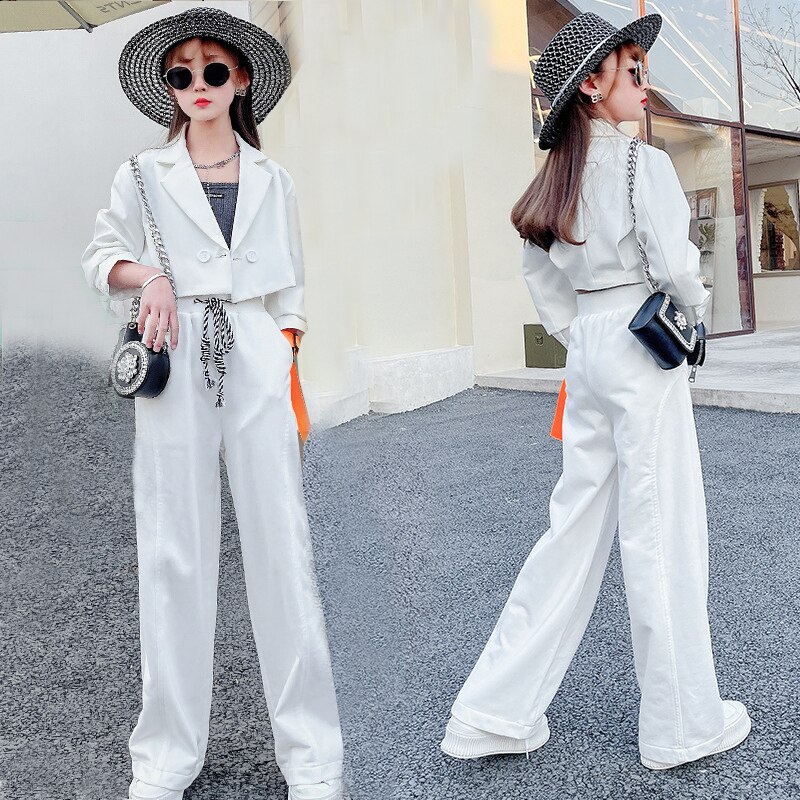 Meninas adolescentes ternos primavera verão 2022 conjunto colete jaqueta blazer calças 3 pçs terno branco para meninas roupas 10 12 13 14 y