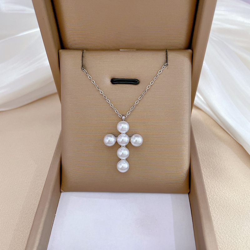 Klassieke Persoonlijkheid Romantische Witte Parel Kruis Ketting Prachtige Christelijke Roestvrijstalen Sleutelbeen Ketting Hanger