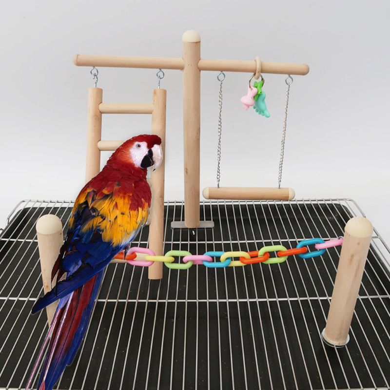 Soporte de jaula para pájaros, juguete de gimnasio, percha de madera para patio, loro, escalera de escalada, cadena para masticar