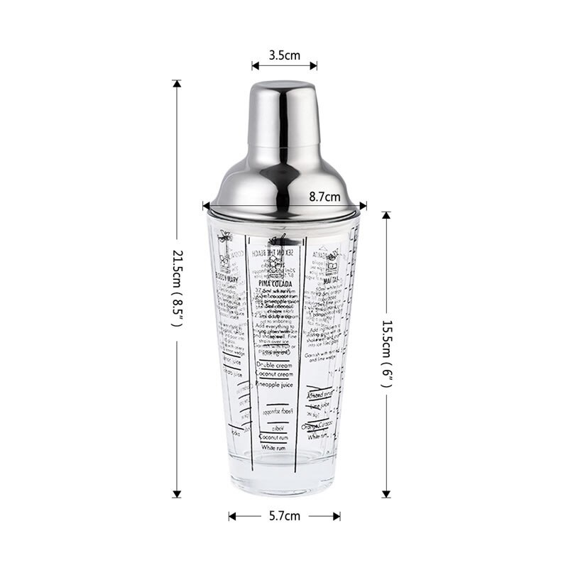 400ml Mix Master Glass Recipe Cocktail Shaker with Measurement Stainless Steel Bar And Glass Bar Tools