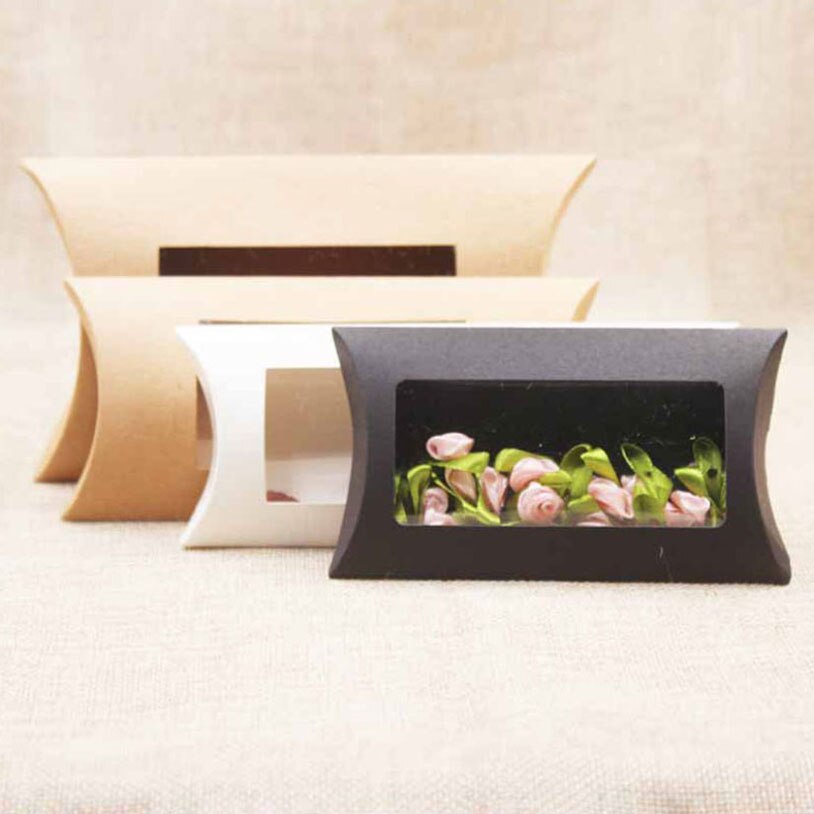 Boîtes à en papier Kraft en forme d'oreiller, emballage en carton pour bonbons, blanc et noir