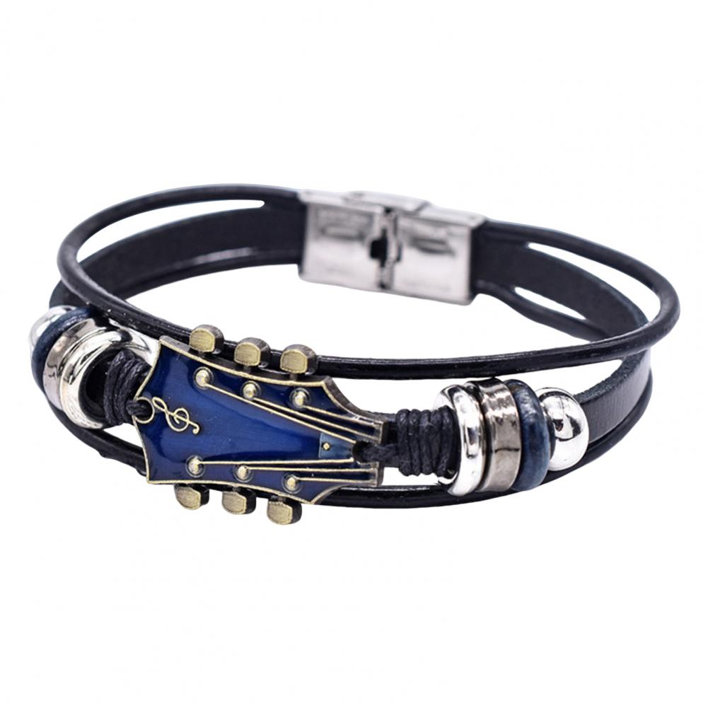 Braided Guitar Bracelet Faux Leather Zinc Alloy Adjustable Buckle Manual Woven 3-layered Retro Punk Wrist Jewelry: Blue