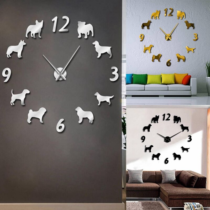 Hond 3D Horloge Klok Woonkamer Quartz Acryl Spiegel Effect Home Decoratie Muurstickers