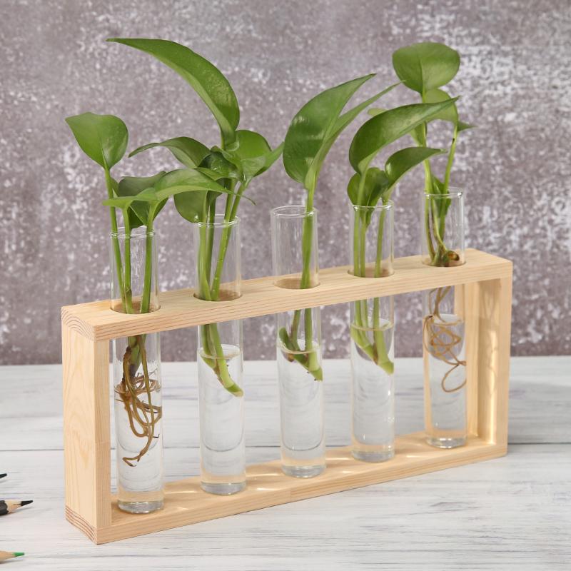 Hydrocultuur Plant Transparante Vaas Houten Frame Vaas Decoratio Glas Tafelblad Plant Bonsai Decor Bloem Vaas