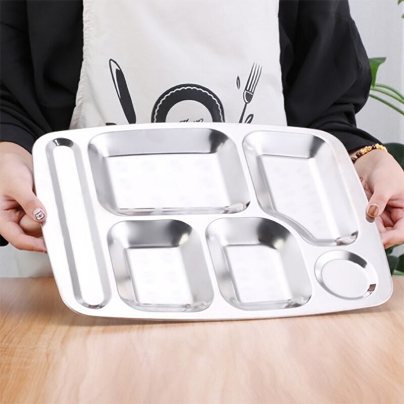 -Stainless Steel Divided Dinner Tray Lunch Container Food Plate 6 Grids