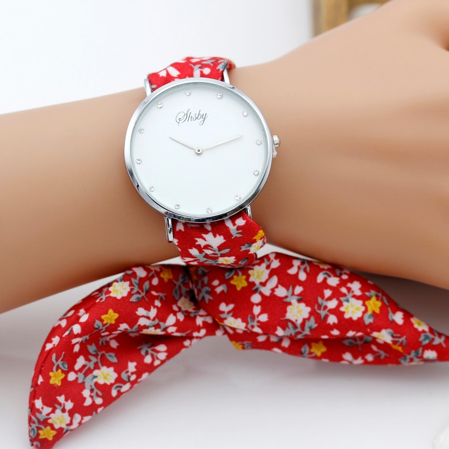 Shsby märke dam blomma tyg armbandsur strass silver kvinnor klänning klocka tyg klocka söt flicka armband klocka