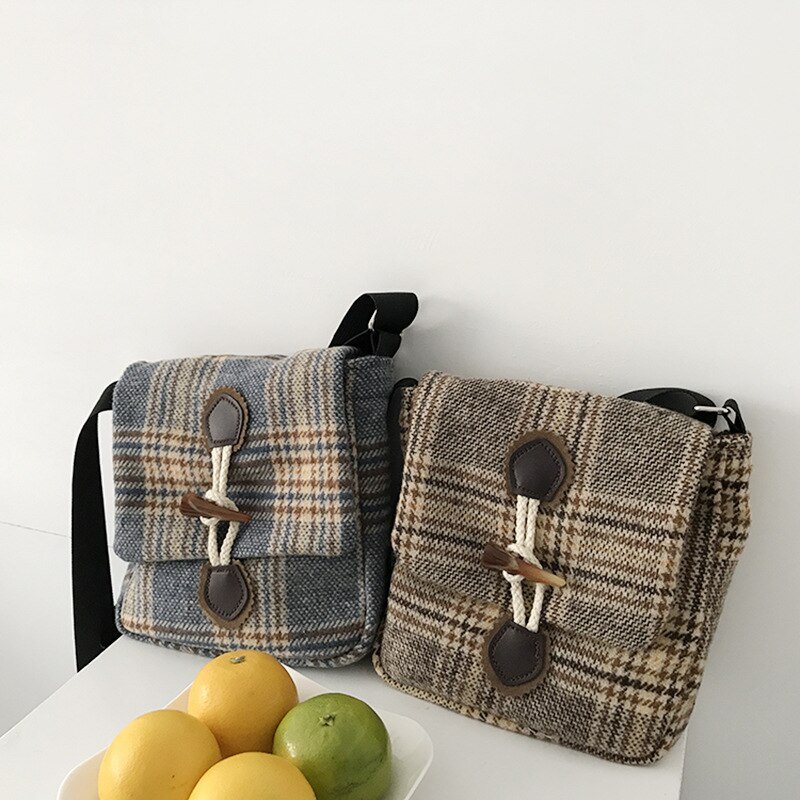 Vrouwen Kleine Wollen Canvas Tassen Schotse Gecontroleerd Hoorn Vintage Plaid Vrouwelijke Schoudertas Dames Casual Schoudertas Doek Portemonnee