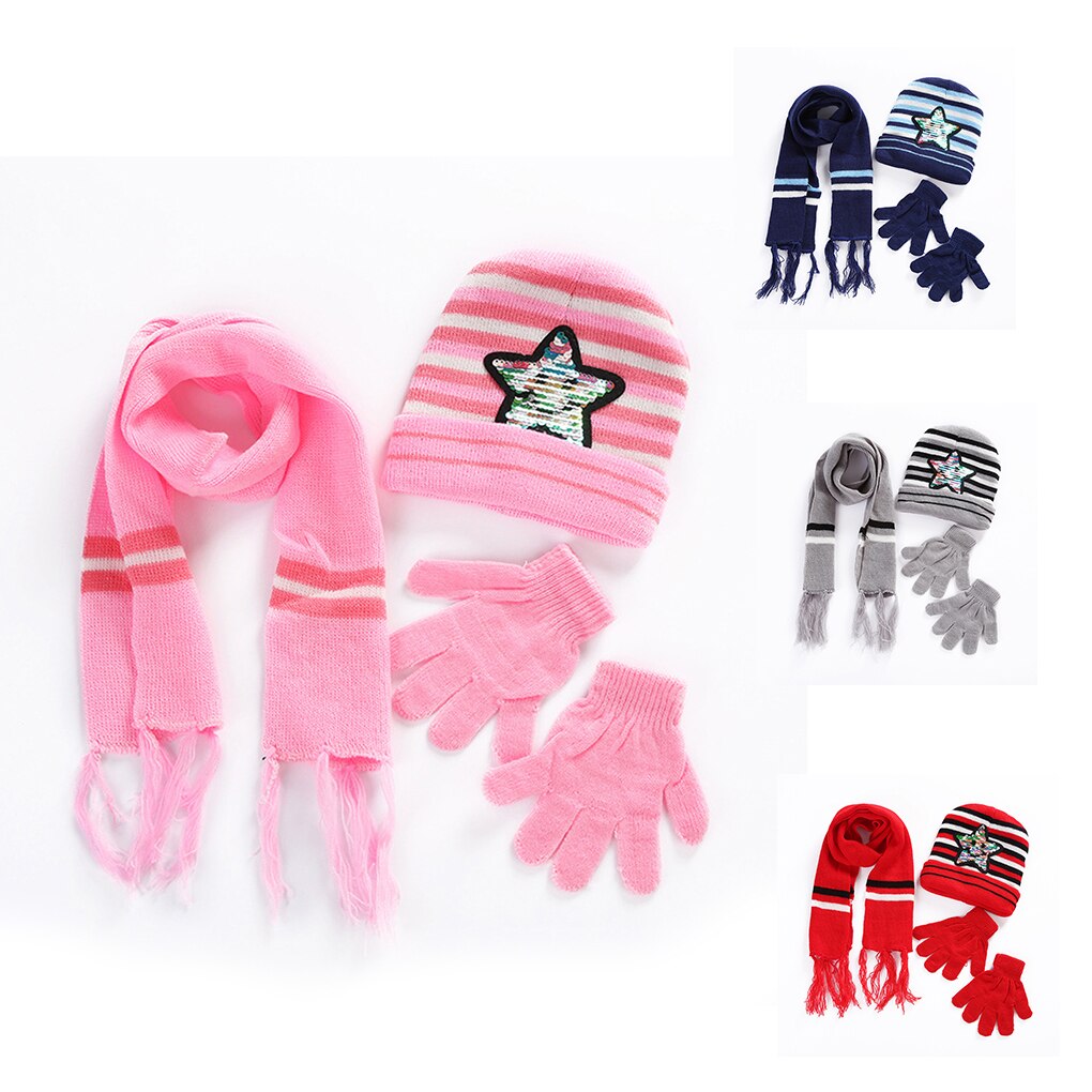 Baby peuter sjaal handschoenen muts set kinderen ster streep pailletten winter muts skimuts herfst winter