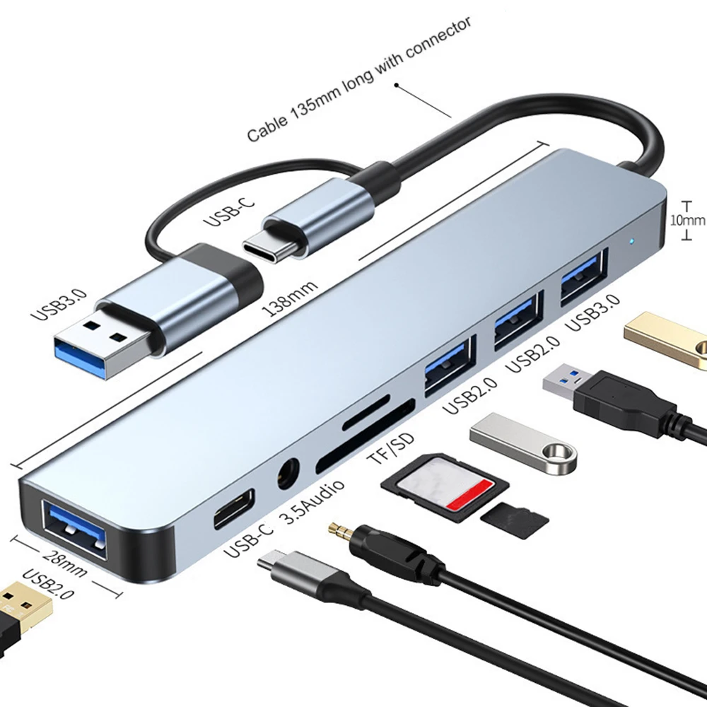 USB C Hub USB Splitter 8 en 2 extensor USB USBC tipo c estación de acoplamiento lector de tarjetas TF/SD adaptador OTG de alta velocidad para Macbook PC