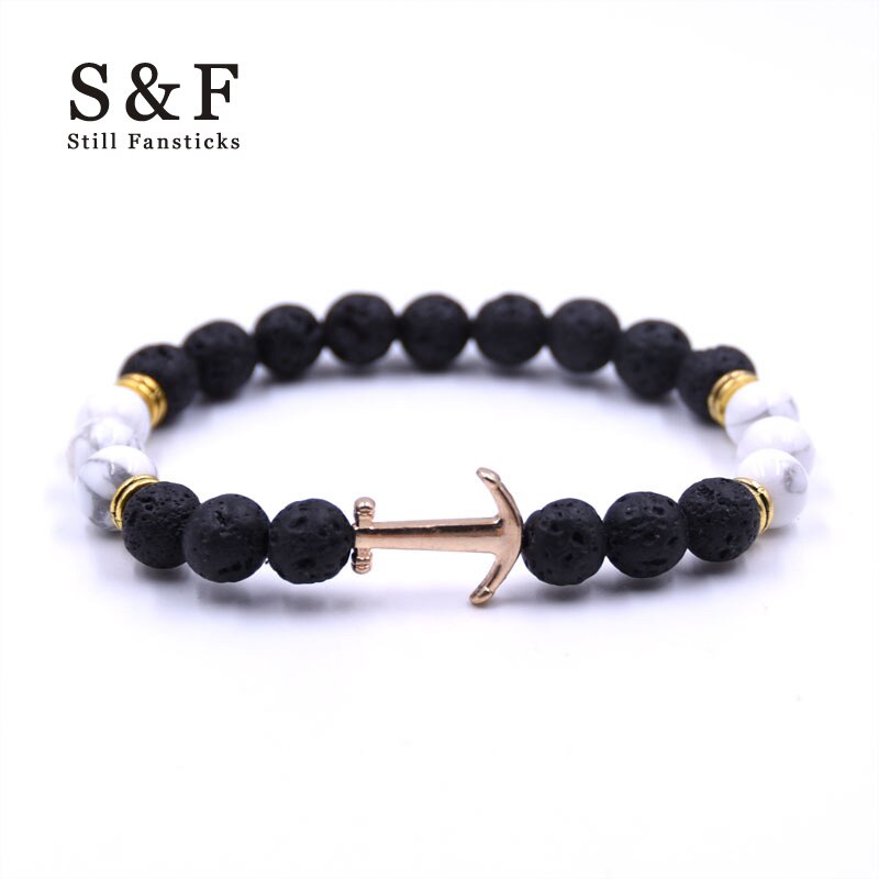 Brazalete de ancla dorado cuentas pulseras de piedra de lava para mujeres Pulseira Masculina joyería para hombres Feminina Bileklik brazalete elástico