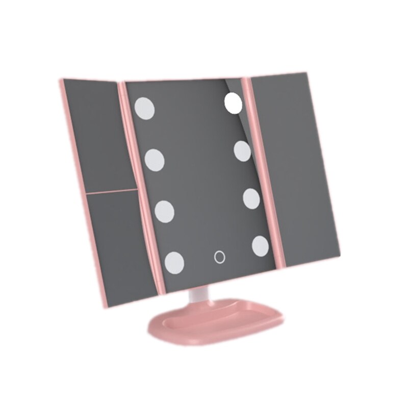 Justerbart led speil sminkespeil stort 8 led lys pressesensor 2 x 3x zoom bærbar tresidig folding