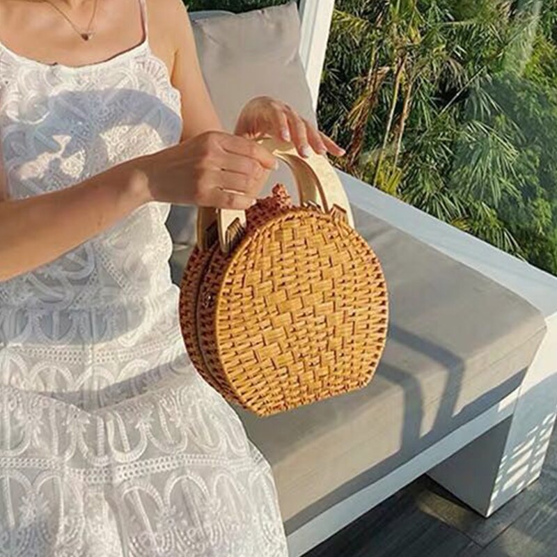 Koreaanse Versie Effen Rotan Geweven Stro Tas Vrouwen Retro Eenvoudige Ronde Harde Handtas Dames Leisure Schoudertas Vrouw