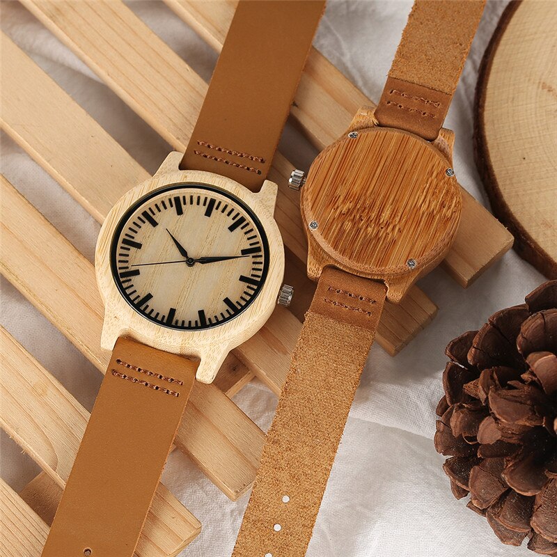 Yisuya par træur mand kvinder kvarts armbåndsure bambus ansigt ure med ægte læder båndrem til elsker