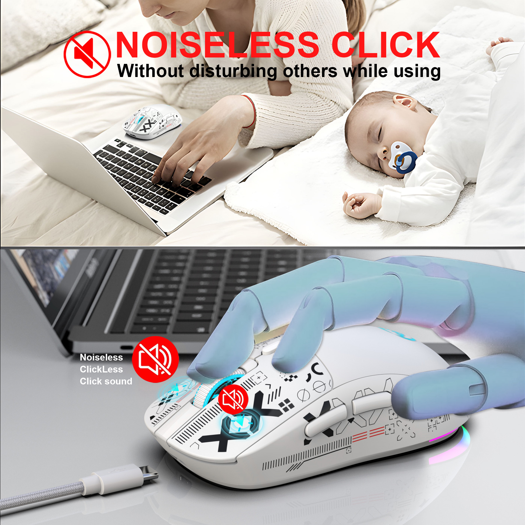 Popularna bezprzewodowa mysz do gier HXSJ T90 2.4G z 3 trybami i ciche przyciskami, ergonomiczna, kolorowa, podświetlana RGB, 650 mAh