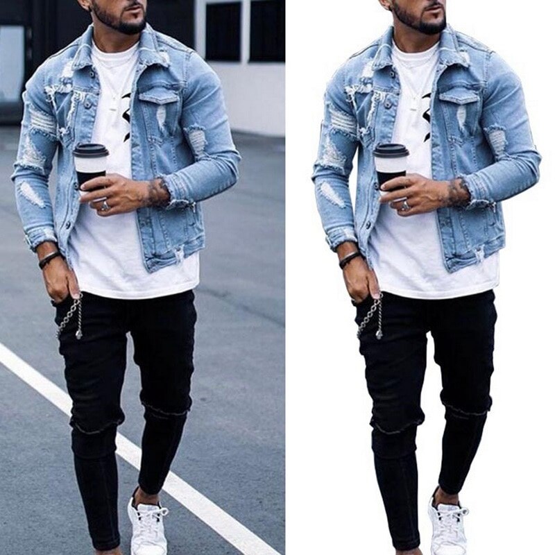 Hommes veste en jean trou déchiré hommes manteau Moto Biker hommes veste en jean poches Chaquetas Hombre jean lavé Bomber veste