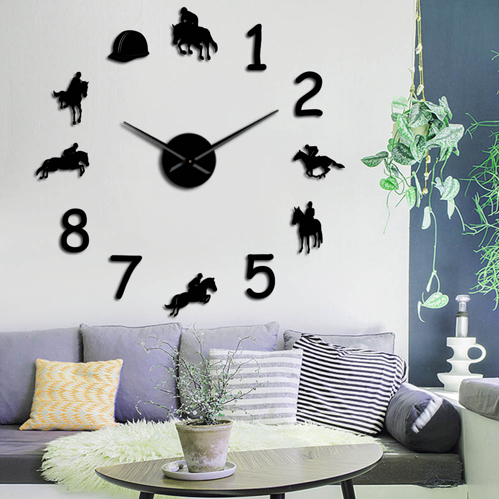 Cow-boys équestres bricolage grand nombre horloge murale moderne équitation sans cadre montre murale géant 3D miroir autocollant mural cavalier