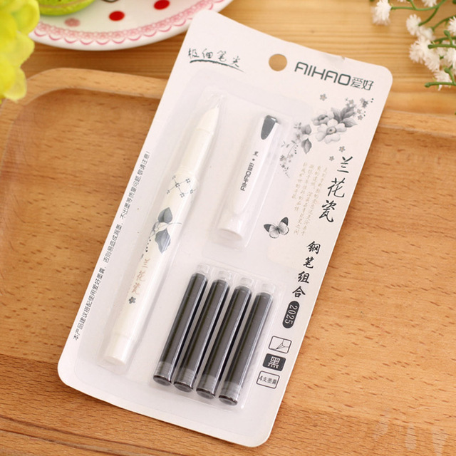 Pluma estilográfica de plástico borrable con tinta, para escribir coreano, papelería para escuela y oficina: Black