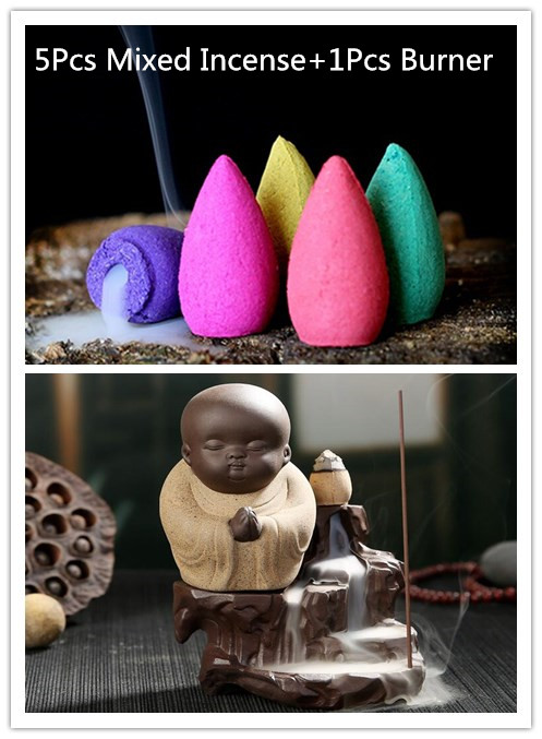 5 stk. røgelseskegler + brænder boligindretning den lille munk lille buddha røgelseskar tilbageløbende røgelsesbrænder hjemmekontor tehus: Militærgrøn