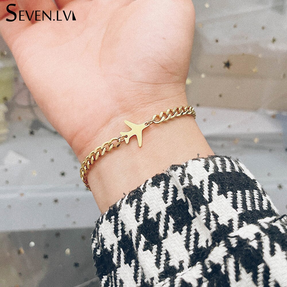 Sevenlv-abalorio de avión dorado de acero inoxidable para hombre y mujer, pulsera Vintage con doble agujero, colgante de avión, de joyería