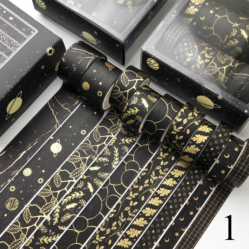 Cinta adhesiva decorativa Estilo Vintage para álbum de recortes, cinta adhesiva Washi de color negro y dorado para decoración de álbumes de recortes, papelería para diario, 10 unids/set por juego: 1