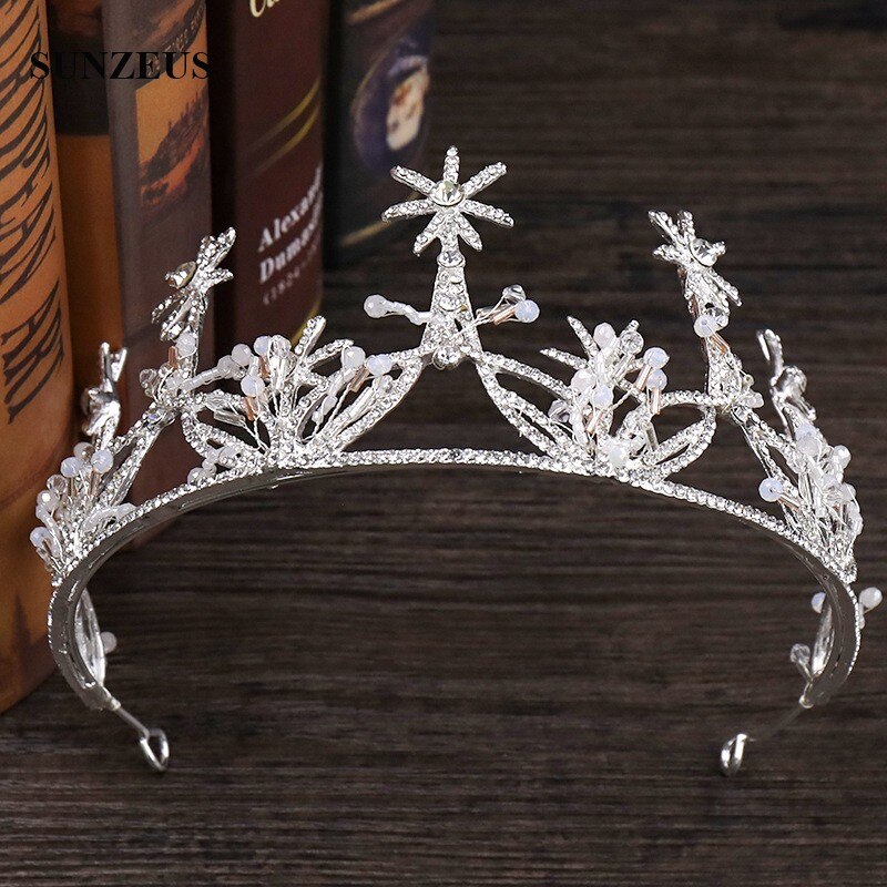 Corona nupcial de plata con cristales, Tiara con estrellas brillantes, diadema, accesorio de boda, Reina, SQ0328: Default Title