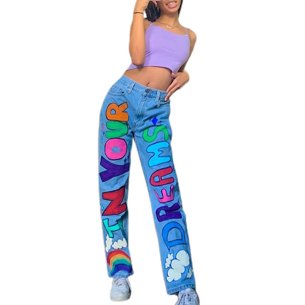Graphique lettre imprimé Baggy femmes jean pantalon taille haute jambe large Punk Y2K mignon Demin Streetwear e-fille Jeans décontractés: M