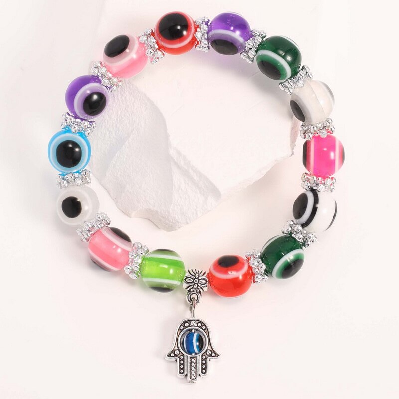 Niebieska bransoletka Evil Eye dla kobiet mężczyzn turecka dłoń wisiorek oczy koraliki Handmade szczęśliwa bransoletka elastyczna regulacja Charm bransoletka: colorful Palm
