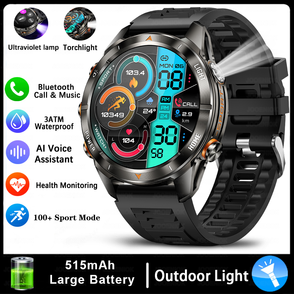 Quatro botões bluetooth chamada relógio inteligente masculino 1.43 Polegada hd sreen 100 + esportes 3atm lanterna à prova dwaterproof água smartwatch homem para huawei: Branco