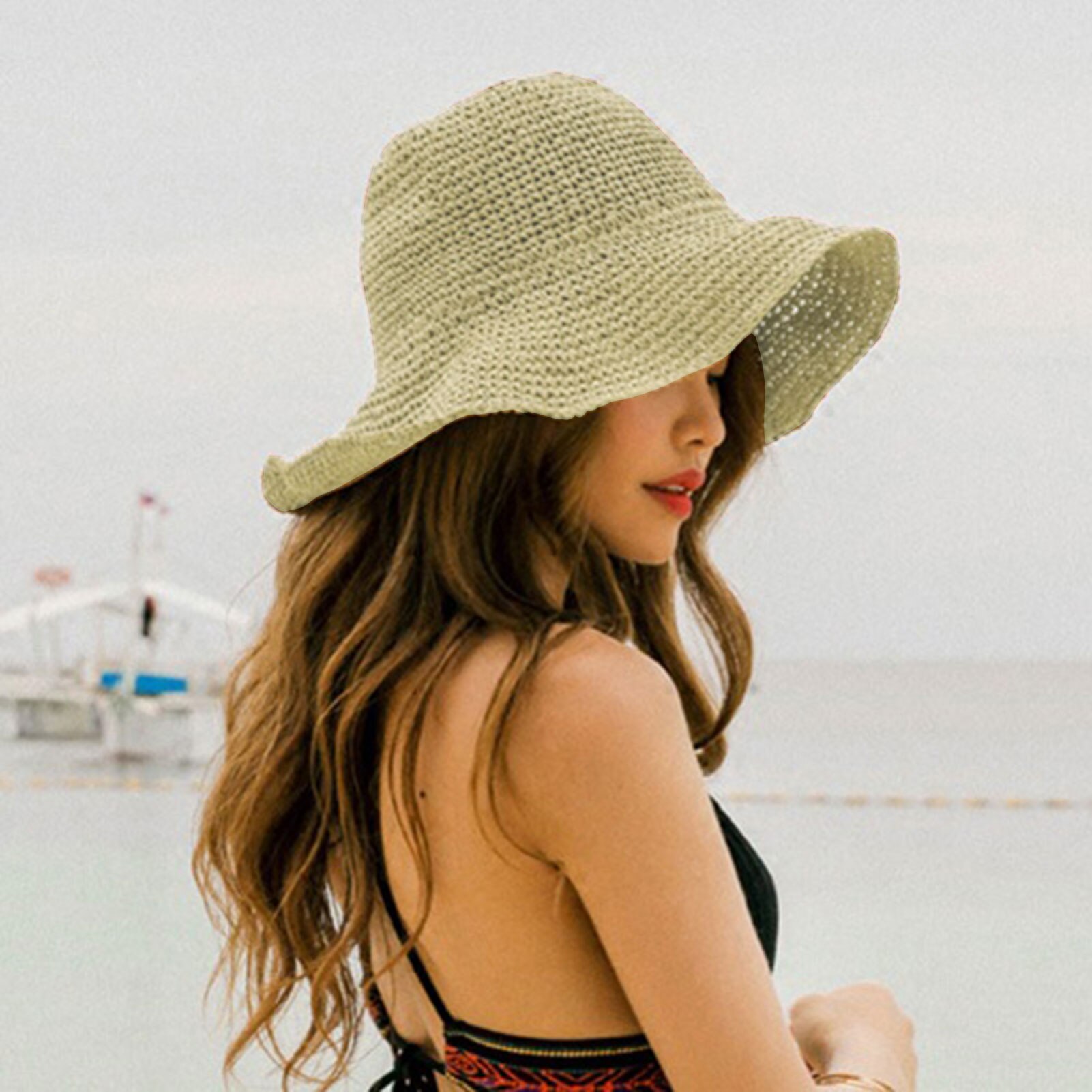 Chapéu de palha dobrável chapéu de palha feminino verão outing sol viseira férias legal chapéu de praia à beira-mar chapéu de moda ao ar livre uv aba larga chapéu de sol