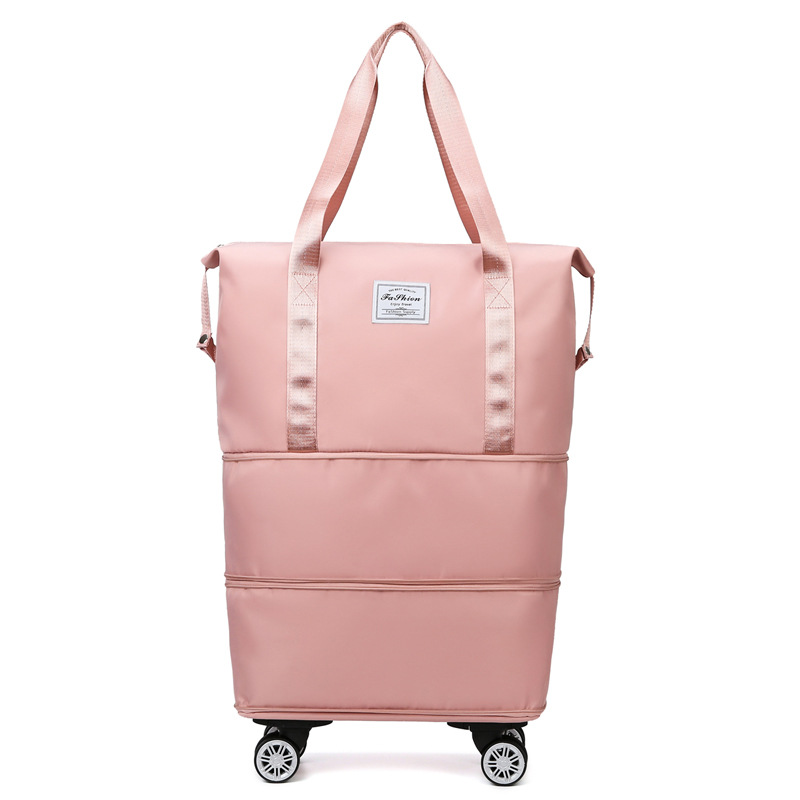 Bolsa de equipaje expandible con ruedas, paquete de lona con ruedas, maleta de viaje plegable, bolsillo con asa, bolsa de almacenamiento de equipaje de viaje húmeda y seca: Rosa