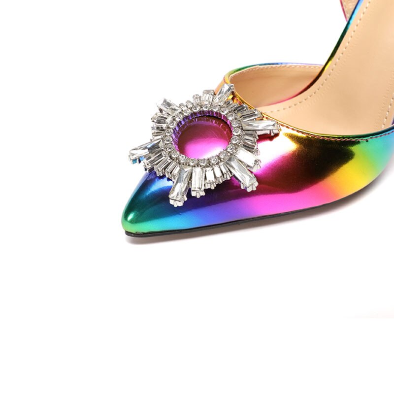 Regenboog Kleur Vrouwen Sandalen Elegante Spitse Neus Zon Stijl Strass Hoge Hakken Wieden Schoenen Spike Hak Slingback Pumps Sandalen