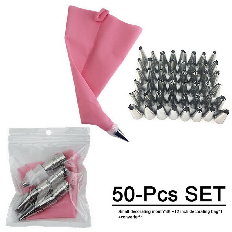 50 stuks/set taartdecoratieset benodigdheden set gereedschappen spuitmondjes gebak spuitzak spuitmondjes bakset bloemzak mond geknepen: Roze tpu 50- delige set