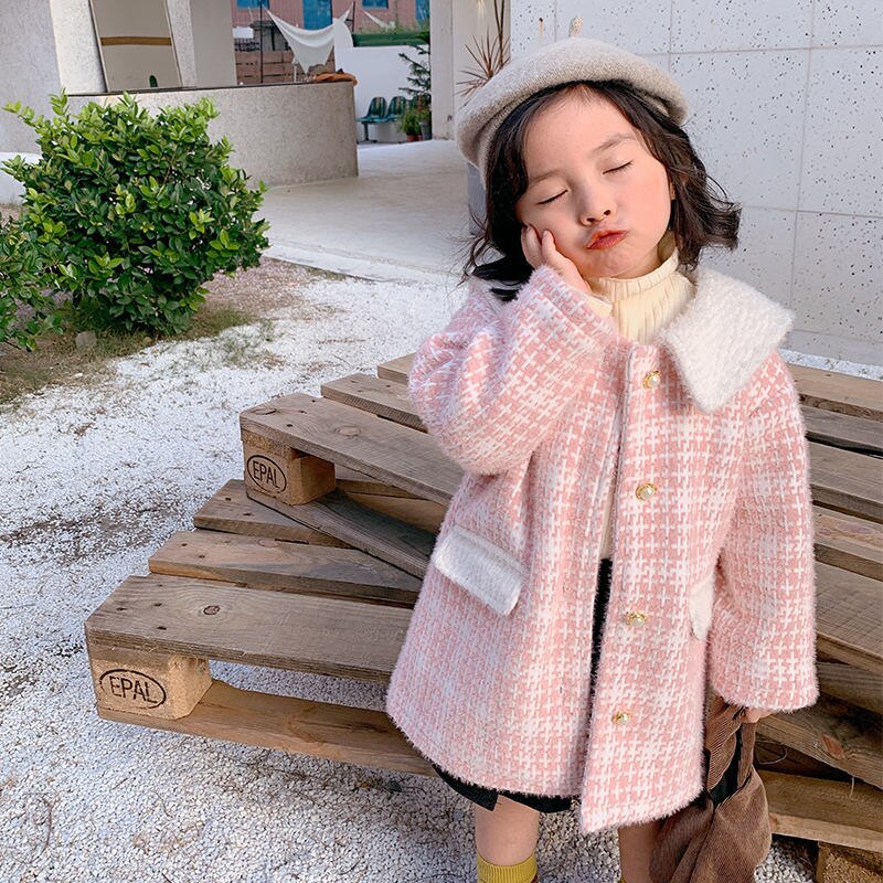 Winter koreaanse kinderkleding babymeisjes omslagkraag enkelrijs geruite prinses wollen jas 2-8 jaar kinderjas: Roze / 3t