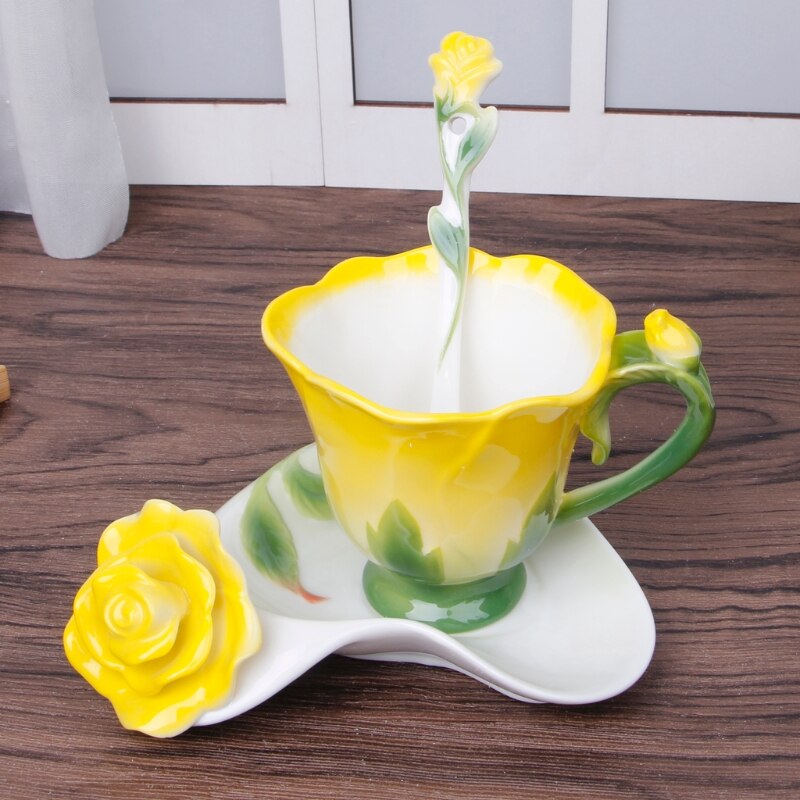 Porselein Rose Koffie Mok Cup Set Met Sauser Lepel Bloem Keramische China