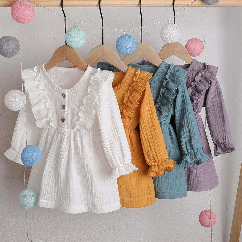 1-6 Years Kids Baby Girl Autumn Dress Ruffles Long Sleeve Solid Party Dresses For Girls Slim Waist Dress Girls Clothes