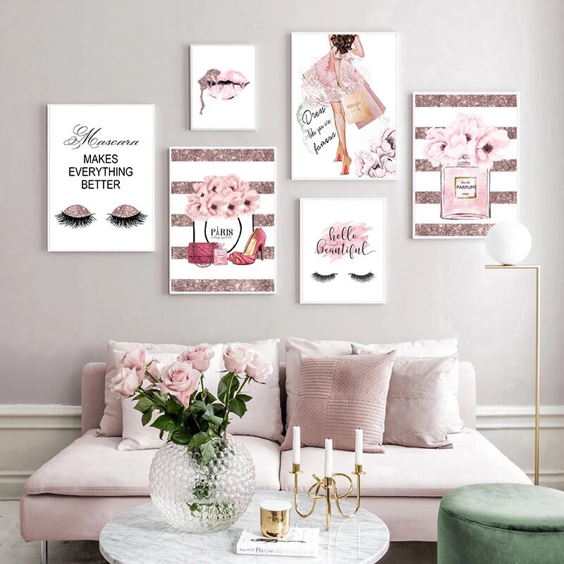 Pink Flower Perfume Poster Eyelash Lips Makeup Print Art Painting Wall Picture Modern Girl Room Home Decoration