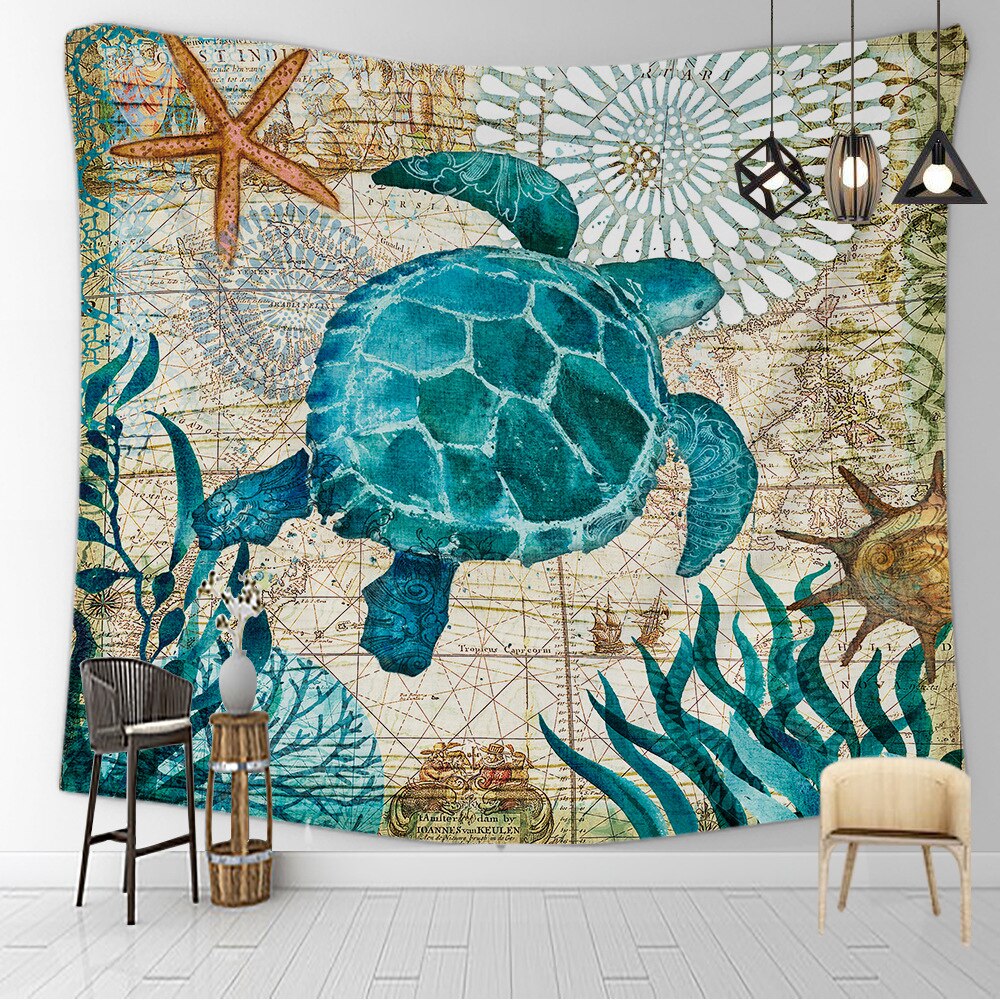Tortue de mer hippocampe baleine poulpe vie marine océan tenture trippante tapisserie murale décoration faite à la main art chambre salon dortoir: 1 / 150cm x 200cm