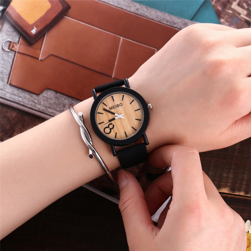 Meibo Modeling Houten Quartz Horloge Casual Houten Kleur Lederen Horloge