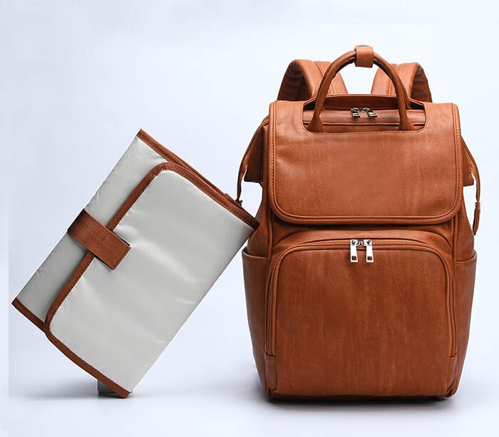 Pu Leer Baby Luiertas Rugzak Voor Moeders Grote Capaciteit Luiertas Met Aankleedkussen + Kinderwagen Bandjes Bruin En zwart: Brown Diaper Bags