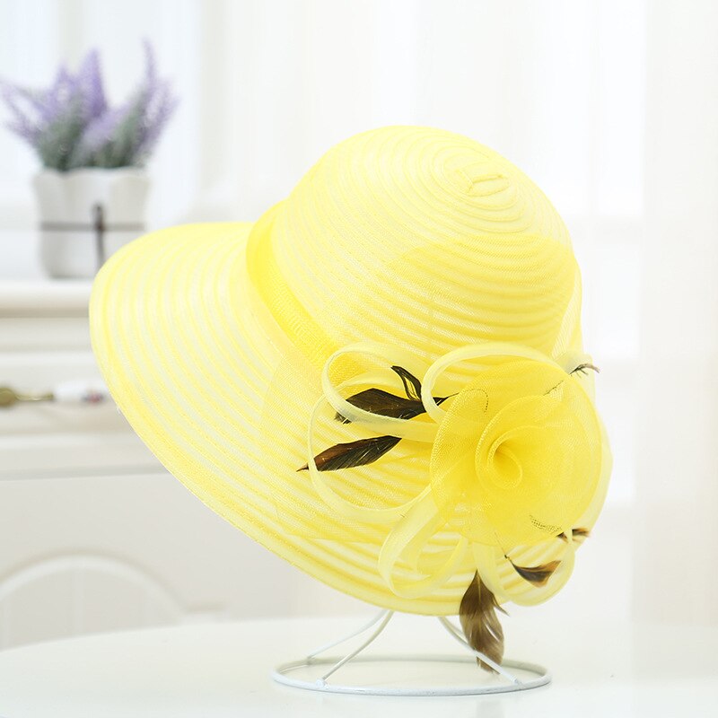 Verano de mujer de sombrero grande de cinta con flores de Floppy sombrero de sol de playa Kentucky Derby boda sombreros para Misa: Amarillo