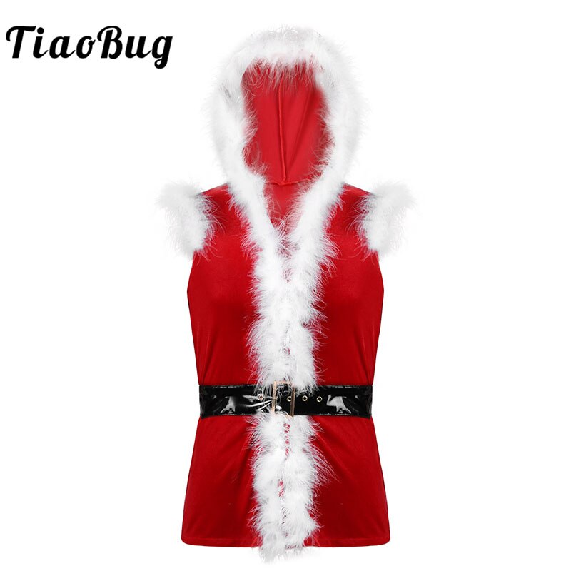 Men Red Soft Velvet Hooded Vest Waistcoat Sleeveless Faux Fur Trim Christmas Costume Party Santa Claus Cosplay Dress Up