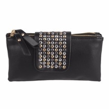 Bolso de mano de cuero con remaches para mujer, cartera larga con cierre de tuerca, bolso de mano de día, tarjetero, monedero, pulsera de mujer