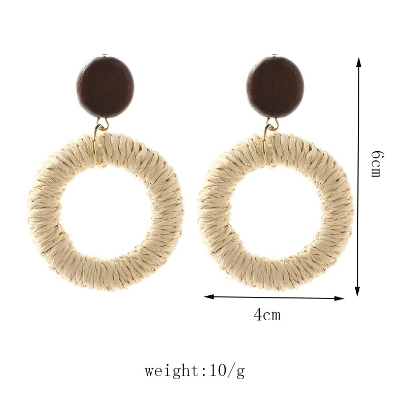 Simple Trendy Boho Handmade Round Vine Rattan Straw Woven Earrings For Women Bohemian Wooden Dangle Earring Jewelry