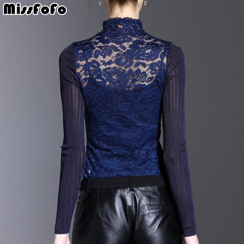 MissFoFo Autumn Blouse Royal Lotus Lace Collar Chiffon Shirt Female Long Sleeve Spring Shirt Blue Size S-2XL