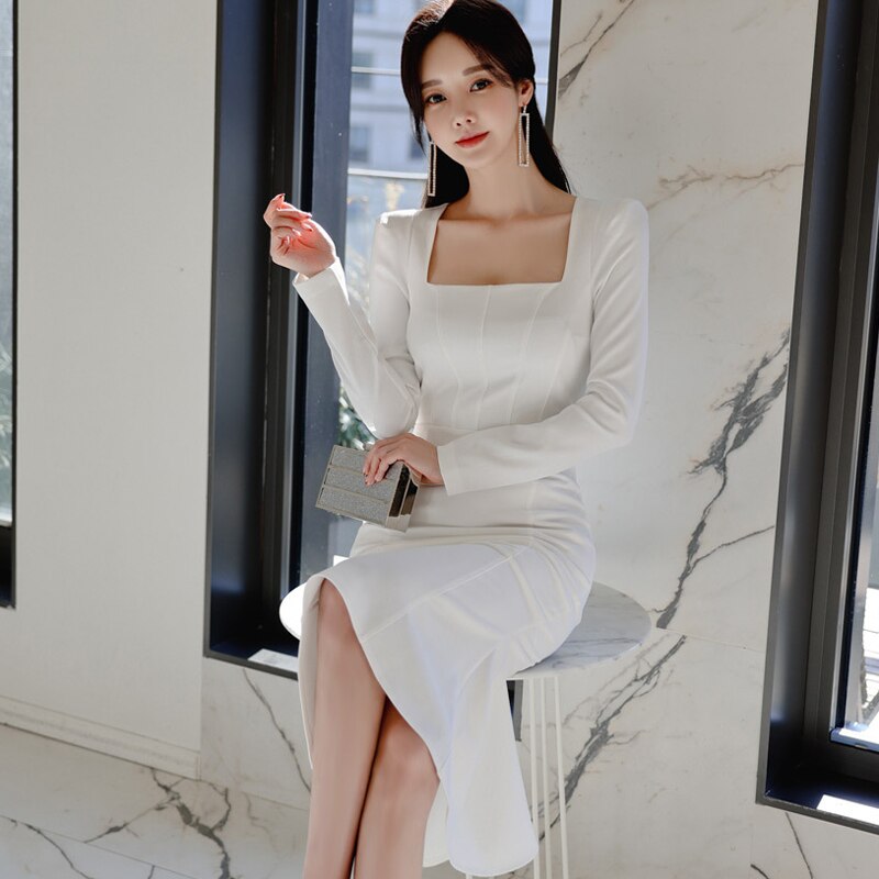 Biurowa, damska seksowna sukienka na imprezę kwadratowy kołnierzyk szczupły z wycięciem na plecach torba biodro wysokiej talii Fishtail OL sukienka robić pracy T7580