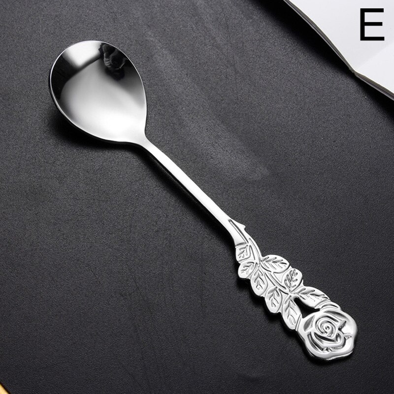 Kitchen Gadgets Ice Cream Tea Spoons Stainless Steel Cute Stirring Spoon Coffee Spoon Rose Colorful Dining Bar Tools Accessories: E