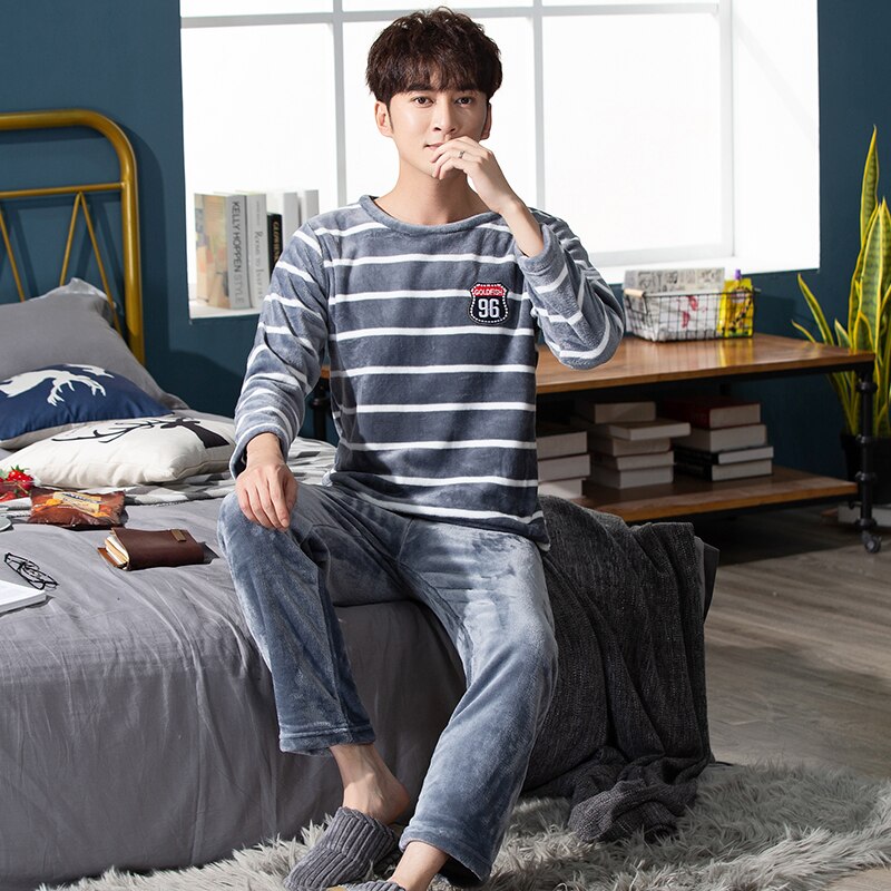 Pijamas de otoño e invierno para parejas, ropa de dormir, conjunto de amantes, estampado a rayas de manga larga, para hombres y mujeres,