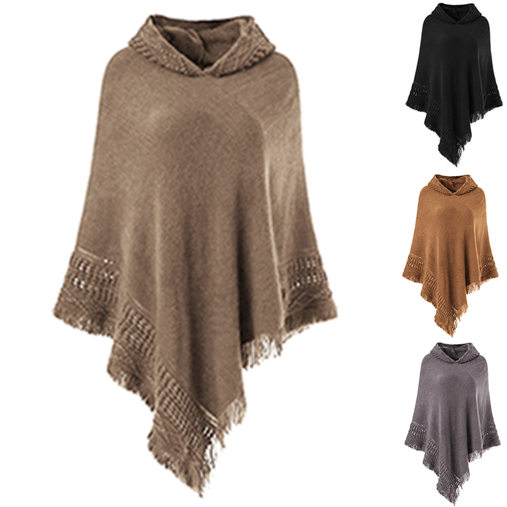 Automne hiver femmes tricot haut à manches chauve-souris Poncho Cape Cardigan manteau chandail décontracté lâche irrégulière ourlet gland Cape