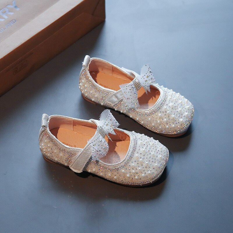 Girl's Princess Shoes Children's Bow Rhinestone Leather Kids Shoe 2022 Baby Girls Party Student Flat Shoes E584: Silver / 21(Insole 13.5CM)