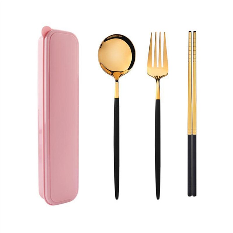 European Portable Dinner Set Cutlery Stainless Steel Knife Fork Spoon Chopsticks Dinnerware Set with Box Kitchen Tableware: Pink A